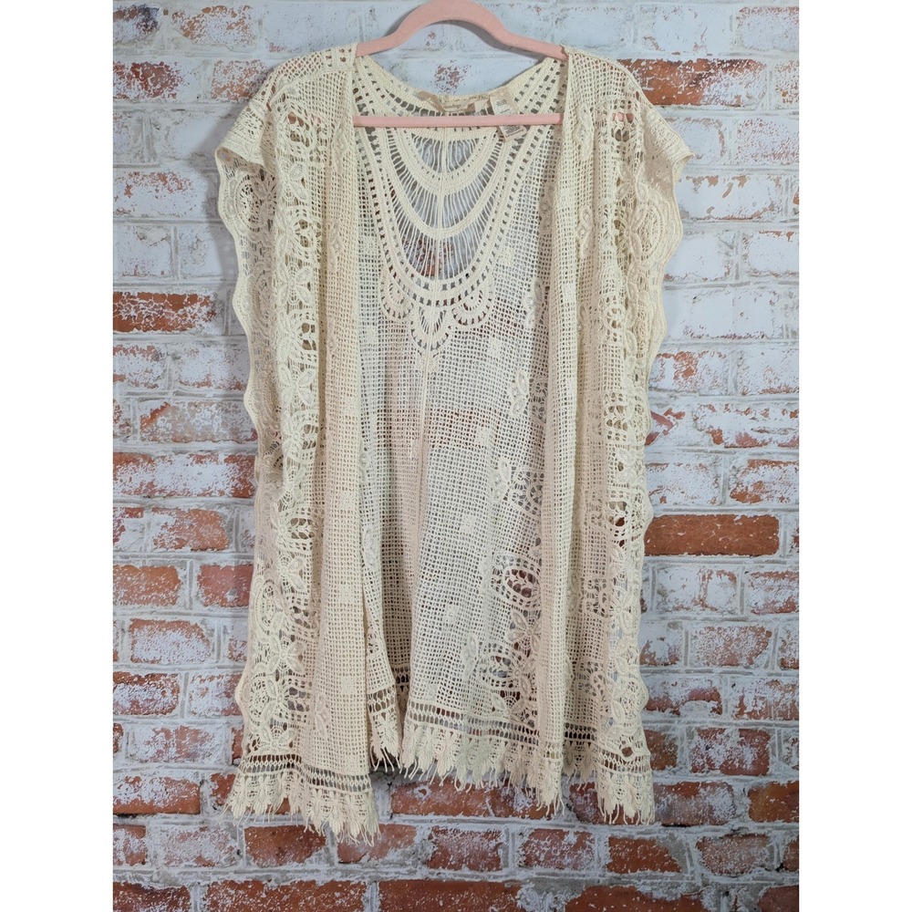 Soft Surroundings Crochet Kimono‎ Vest Womens OS Cream Ivory Boho Lace Fringe